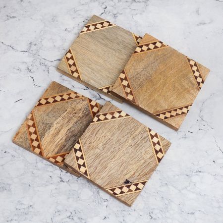 Modern Brown Wooden Tea Coasters - Pack of 4